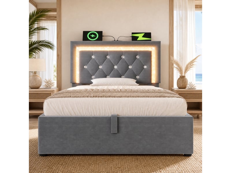  Lit coffre 90x200 cm avec rangement hydraulique, led et ports usb en velours gris  - Conforama B