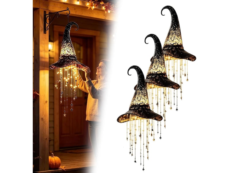  3 pièces décoration halloween suspendue, chapeau de sorcière lumineux led pour porche, entrée, jardin et terrasse, intérieur et extérieur  - Conforama A