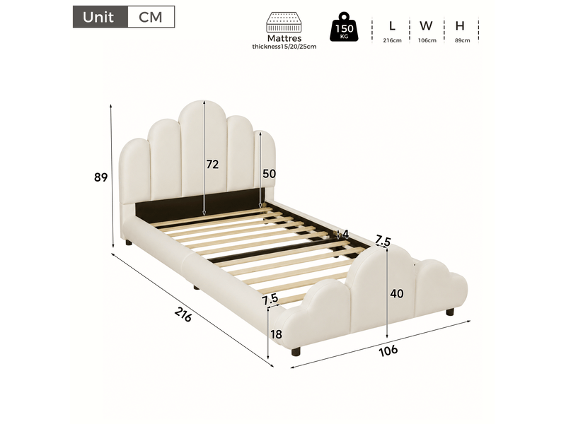  Lit enfant 90 × 200 cm 1 place avec tête de lit rembourrée et angles arrondis, sans matelas, en velours beige  - Conforama D