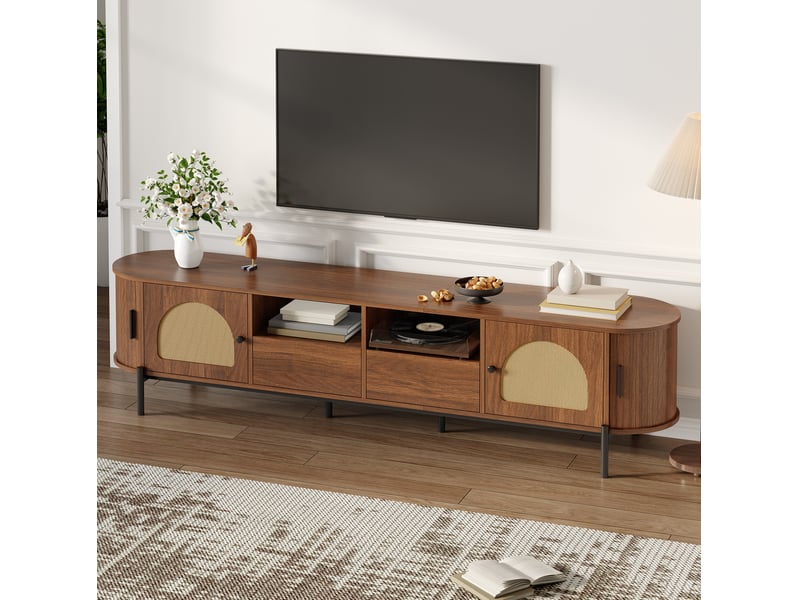  Meuble tv ovale avec portes coulissantes, 2 tiroirs, niches ouvertes et passe-câbles pour salon, en mdf, noyer  - Conforama C