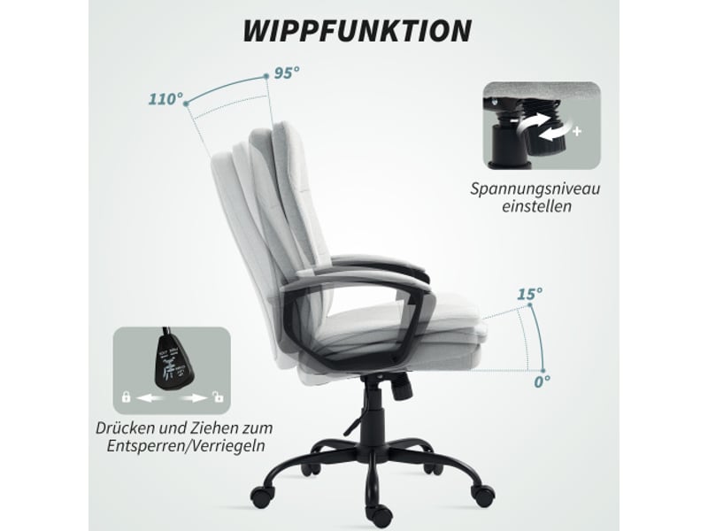  Chaise de bureau ergonomique inclinable, accoudoirs, tissu aspect lin rembourré, gris, réglable en hauteur  - Conforama D