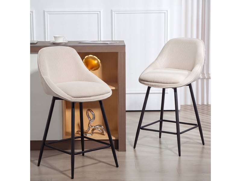  Ensemble 2 tabourets bar velours côtelé, pieds acier, rembourrés, îlot cuisine, salle à manger, crème.  - Conforama C