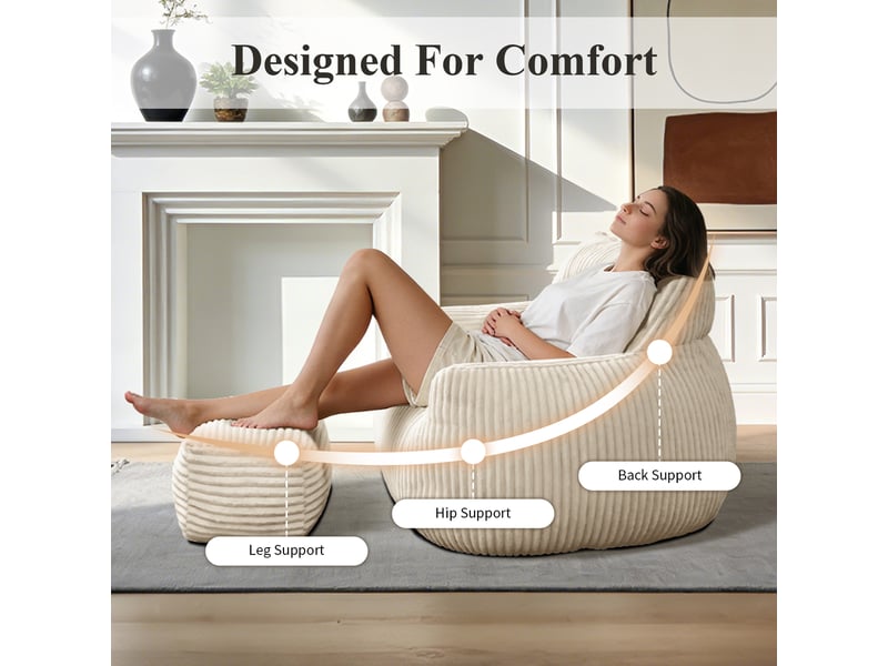  Fauteuil pouf xxl 135 cm avec pouf - canapé bean bag en fausse fourrure douce avec mousse mémoire de forme - assise enveloppante - blanc  - Conforama C