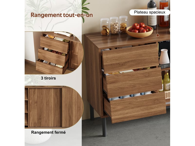  Buffet bas 150x40x80 cm avec 3 tiroirs, 2 portes coulissantes et dispositif anti-basculement, en mdf couleur naturel  - Conforama D