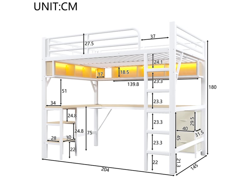  Lit mezzanine 140x200 cm, bureau intégré, usb, avec éclairage led, bibliothèque, espaces de rangement, structure métal+mdf, blanc, sans matelas  - Conforama C