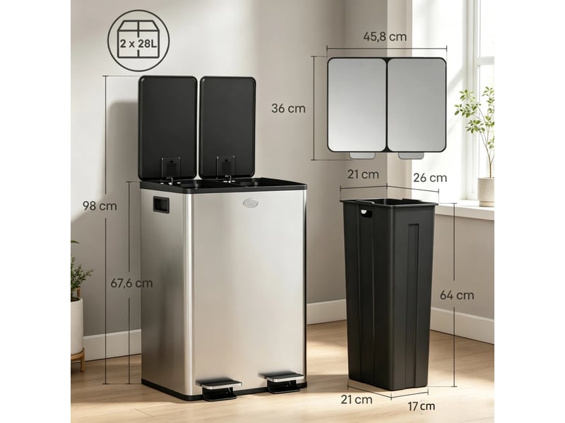 Poubelle tri sélectif - poubelle double de tri sélectif pour la cuisine, 2 x 28 l, couvercle à fermeture amortie, argent - Conforama E
