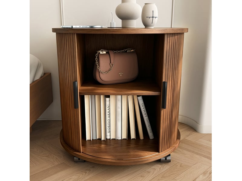  Table de chevet cylindrique, style mid-century, station de charge, porte coulissante, mdf coloris noyer, design moderne  - Conforama B