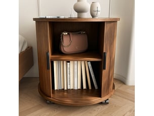 Table de chevet cylindrique, style mid-century, station de charge, porte coulissante, mdf coloris noyer, design moderne