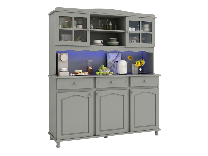 Buffet de cuisine avec 5 portes 3 tiroirs, led, prises et usb, meubles de rangement 135x40x185 cm, gris-vert - Conforama A