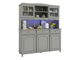 Buffet de cuisine avec 5 portes 3 tiroirs, led, prises et usb, meubles de rangement 135x40x185 cm, gris-vert