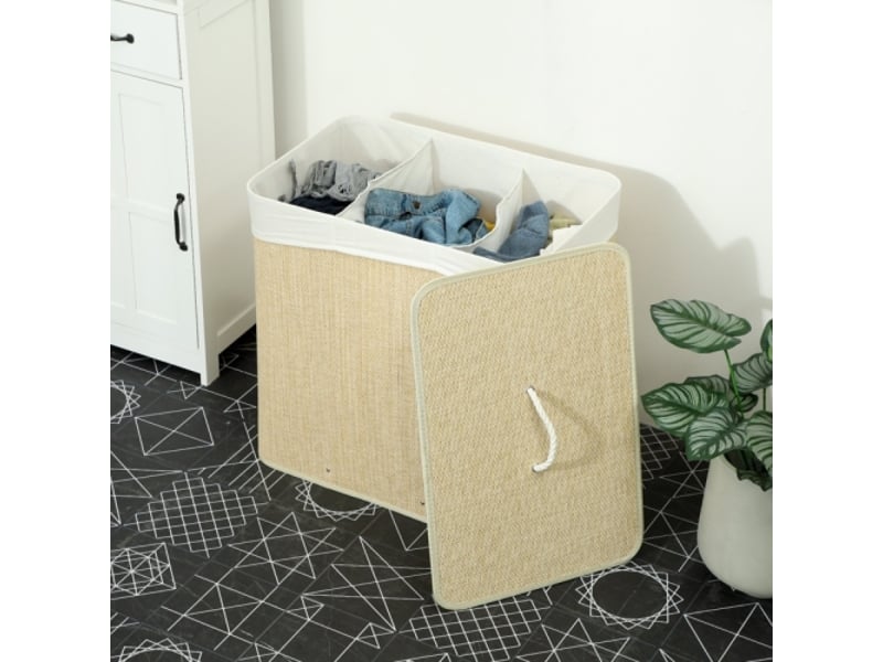  Panier à linge en bambou 144 l avec couvercle, 3 compartiments, poignées en corde et sac amovible  - Conforama B