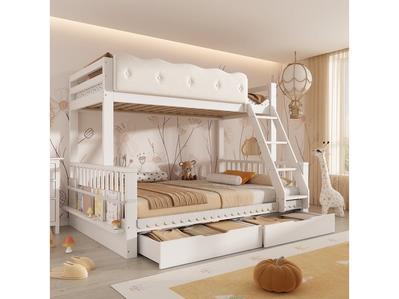  Lit superposé pour enfants 90 x 200 140 x 200 cm, avec barrières de sécurité en forme de nuages, tiroirs et porte-revues, blanc  - Conforama D