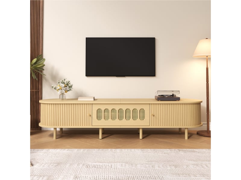  Meuble tv ovale design 180x40x40 cm - bois clair et rotin, mdf, porte roulante et porte pliante - 30 kg  - Conforama B