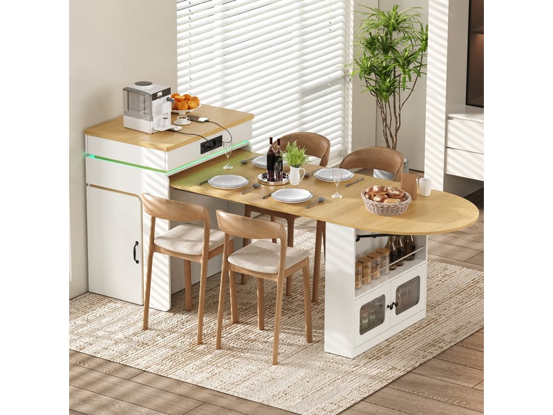 Îlot de cuisine sur roulettes table extensible 55-194 cm led multiprise usb 2 tiroirs blanc - Conforama D