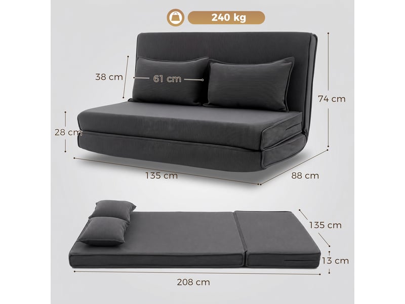 Canapé-lit pliant, chauffeuse 2 places convertible velours côtelé, dossier réglable, assise large, gris, 2 oreillers - Conforama C