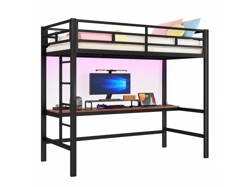  Lit mezzanine enfant 90 x 200 cm noir avec bureau, led, usb et prise intégrée  - Conforama A