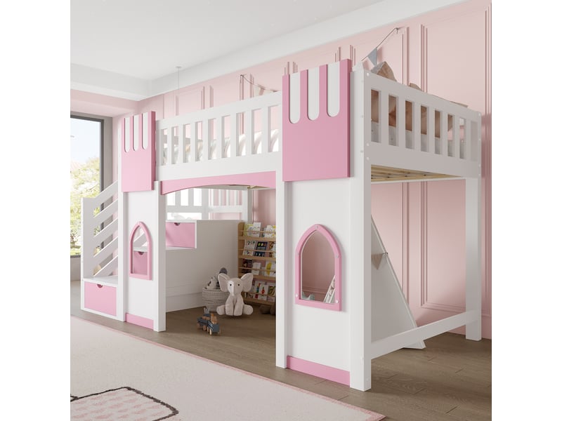  Lit mezzanine lit mezzanine 90x200 cm avec échelle et rangement - 2 fenêtres en mdf + kiefer - sans matelas, blanc et rose  - Conforama D