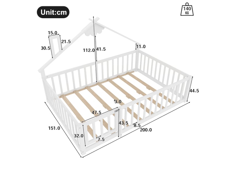  Lit enfant maison 140x190 cm, barrière 32 cm avec serrure, design cabane, montage facile, pin mdf, blanc, sans matelas  - Conforama C