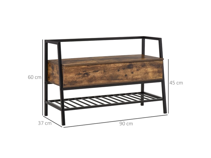  Étagère à chaussures de style industriel avec rangement, banc à chaussures vintage gain de place en bois et métal, marron rustique, 90 x 37 x 60 cm  - Conforama E