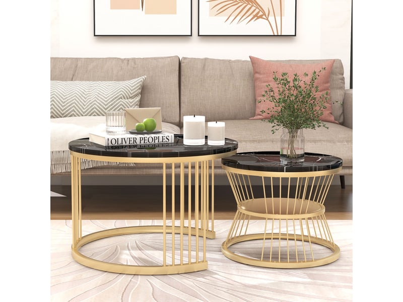  Ensemble de deux tables basses – table basse de salon – table basse – texture marbre noir – piètement doré – design luxueux et discret  - Conforama D