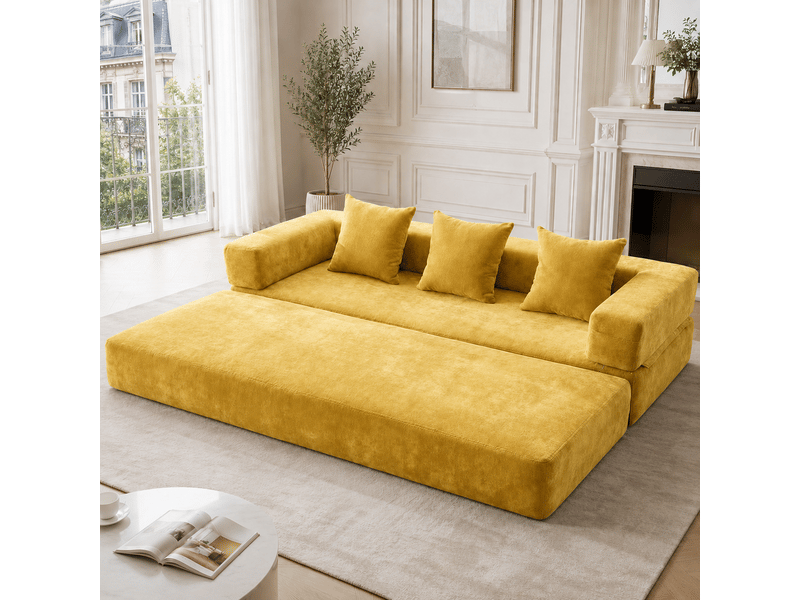  Canapé modulable chenille moutarde avec rangement latéral intégré et base antidérapante pour salon moderne  - Conforama B