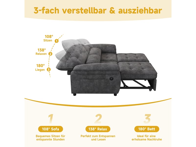 Canapé convertible 3 en 1, tissu chenille gris - canapé lit 2 places avec dossier réglable, ports usb & coussins pour petit salon - Conforama D