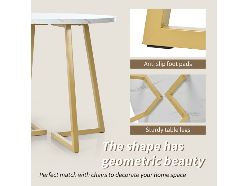  Table ronde ø 80 cm, table de cuisine, effet marbre, facile à nettoyer, pieds en métal, mdf, blanc et doré  - Conforama R