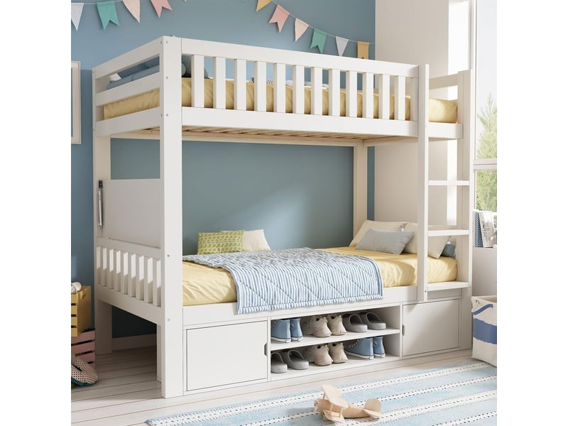 Lit superposé enfant blanc 90x200 cm plateau table rabattable étagère chaussures intégrée sommier lattes tout-en-un certifié - Conforama D