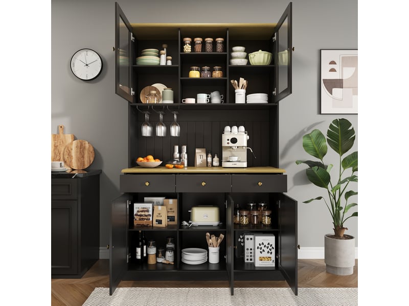 Buffet haut avec vitrines, tiroir, porte-verres et prises, ports usb pour salle à manger et cuisine, noir, 120 × 40 × 191 cm - Conforama C