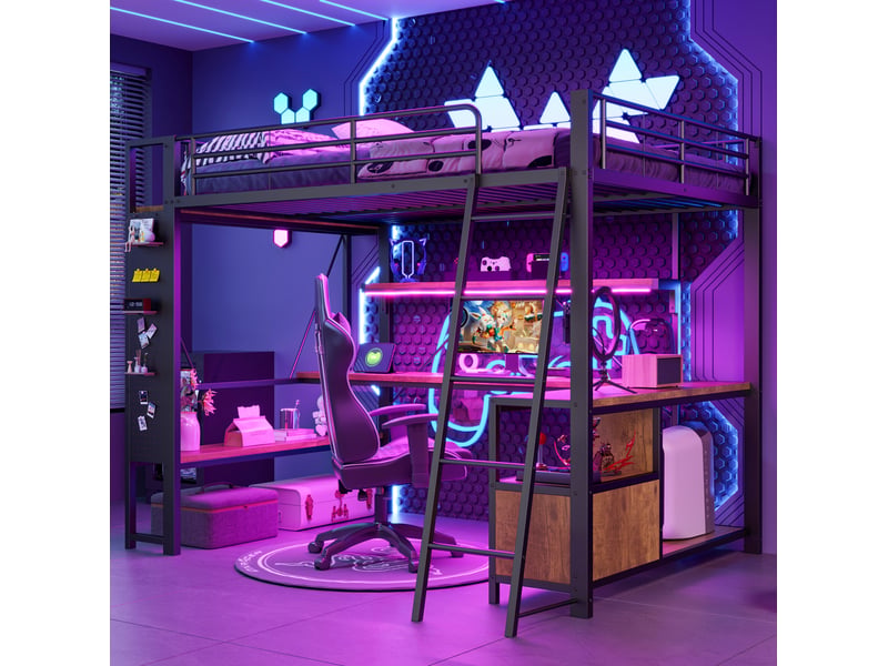  Lit mezzanine 140 x 200 cm avec bureau, rangements, led et usb, noir, métal mdf  - Conforama D