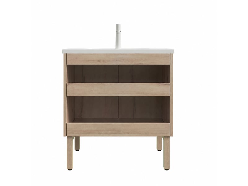  Meuble vasque 80 cm avec vasque intégrée en céramique blanche, finition chêne blanc  - Conforama D
