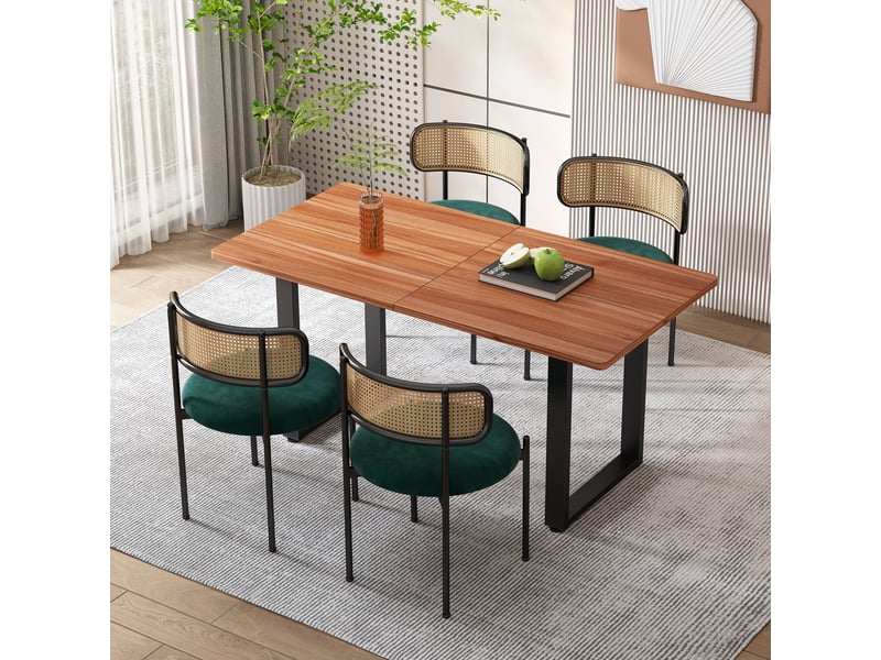  Chaise de salle à manger lot de 4 avec dossier en rotin et pieds métalliques, en velours, vert  - Conforama B