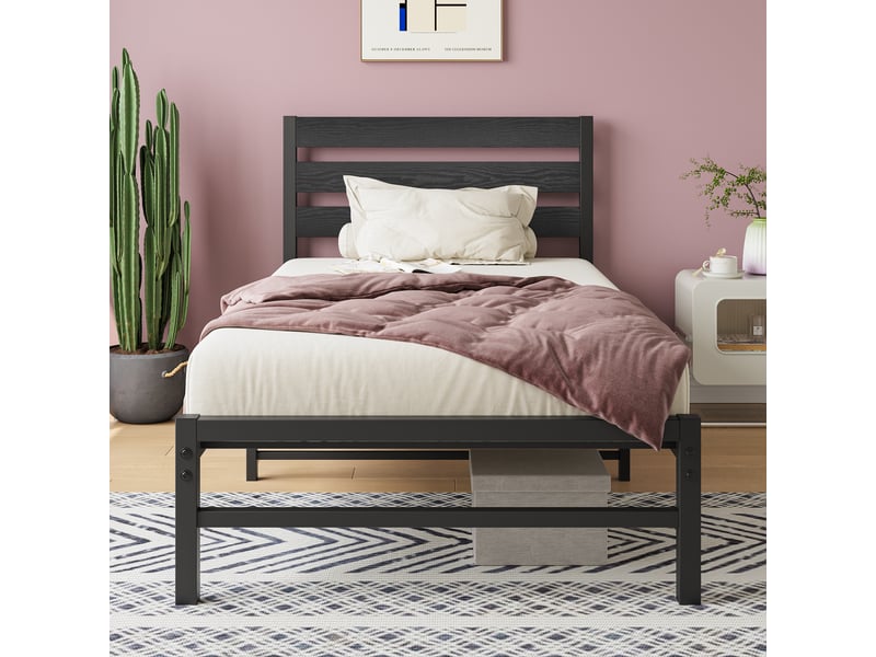  Lit simple 90 × 200 cm avec tête de lit en mdf, structure en métal, sans matelas, noir, style moderne  - Conforama C