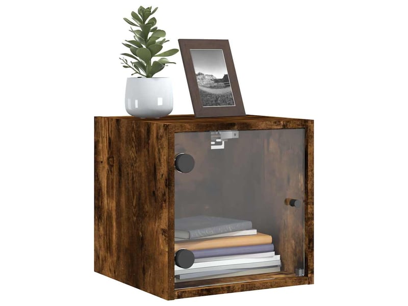  Table de chevet - cabinet de chevet - table de nuit avec porte en verre chêne fumé 35x37x35 cm  - Conforama C