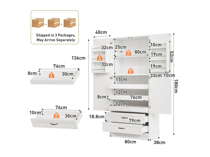  Colonne de cuisine avec 2 portes, 3 étagères coulissantes et 2 tiroirs, en mdf blanc, 80 × 37,5 × 180 cm  - Conforama E