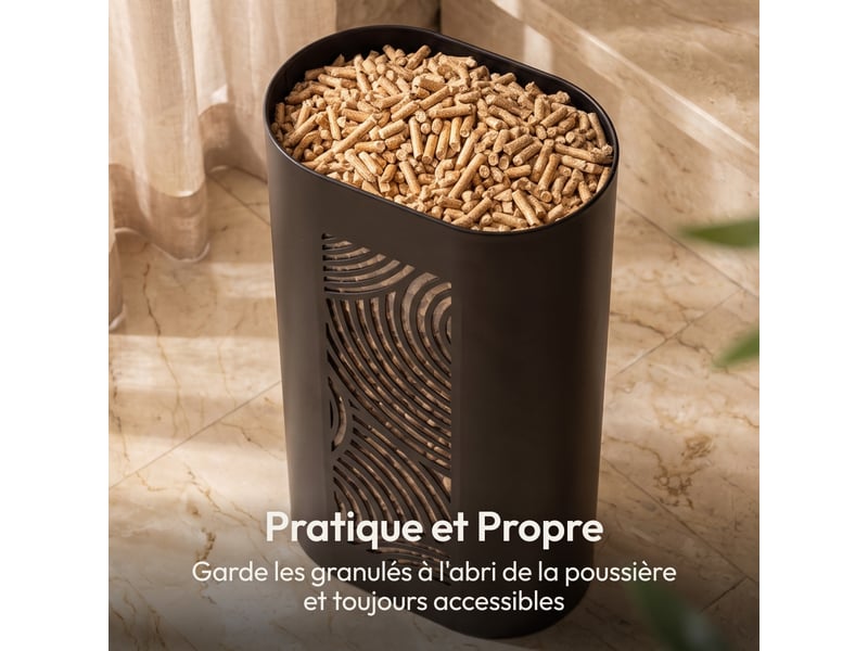 Casabel réservoir pellets &amp; granulés, niveau visible, cap. 30kg, métal noir, couvercle bambou, pour poêle à pellets  - Conforama D