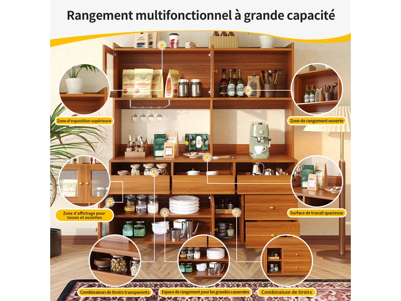  Meuble de cuisine muvano avec portes en verre strié, décor noyer, 145 × 39 × 171 cm  - Conforama E