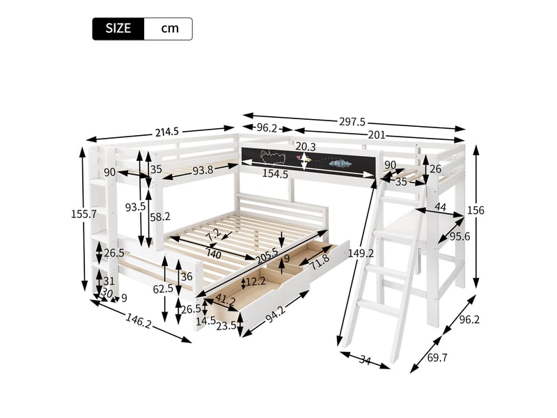  Lit triple superposé 140x200 + 90x200 cm pour trois enfants, tiroirs, bureau et étagère, pin blanc  - Conforama C