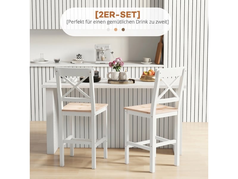  Tabourets de bar lot de 2 avec dossier croisé et repose-pieds  - style campagne, pin massif naturel  - Conforama E