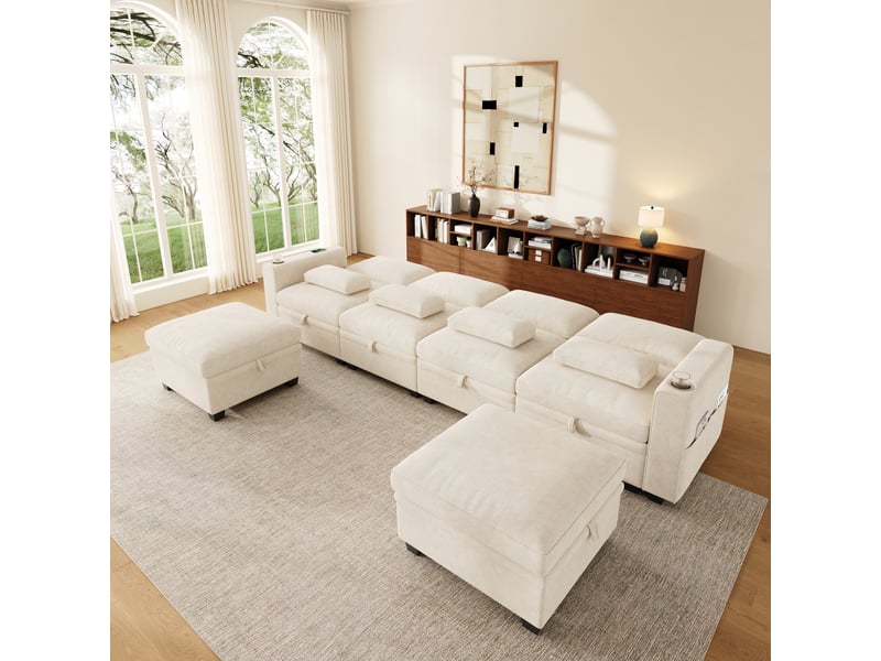  Canapé modulable 6 places en ul 278x148,5 cm avec fonction couchage, 6 coffres, dossier 3 positions, usbusb-c, chenille gaufrée beige Morn Vibe - Conforama D