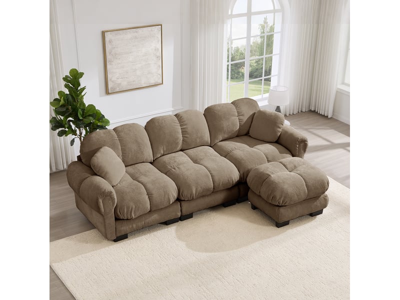  Canapé d’angle 3 places modenvie avec ottomane mobile, 2 coussins décoratifs, chenille marron, 260 x 149 x 90 cm  - Conforama B