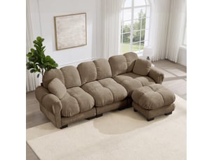 Canapé d’angle 3 places modenvie avec ottomane mobile, 2 coussins décoratifs, chenille marron, 260 x 149 x 90 cm