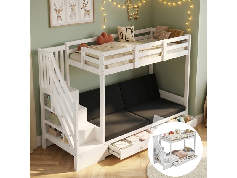  Lit superposé enfant 90x200 cm – blanc – banquette réglable, escalier de rangement et 2 tiroirs – sans matelas  - Conforama B