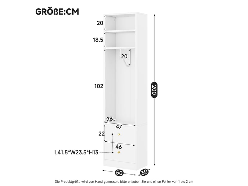 Armoire étroite 50x30x200 cm, penderie ave 2 tiroirs, 1 tringle, 2 compartiments, armoire haute, blanc  - Conforama C