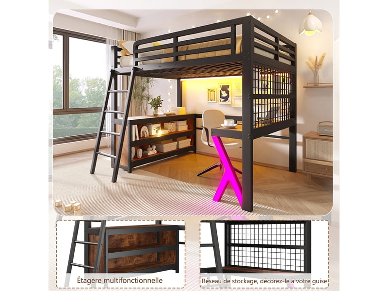 Lit mezzanine 140x200 cm, bureau, bandeau led, armoire de rangement, sans matelas, noir - Conforama E