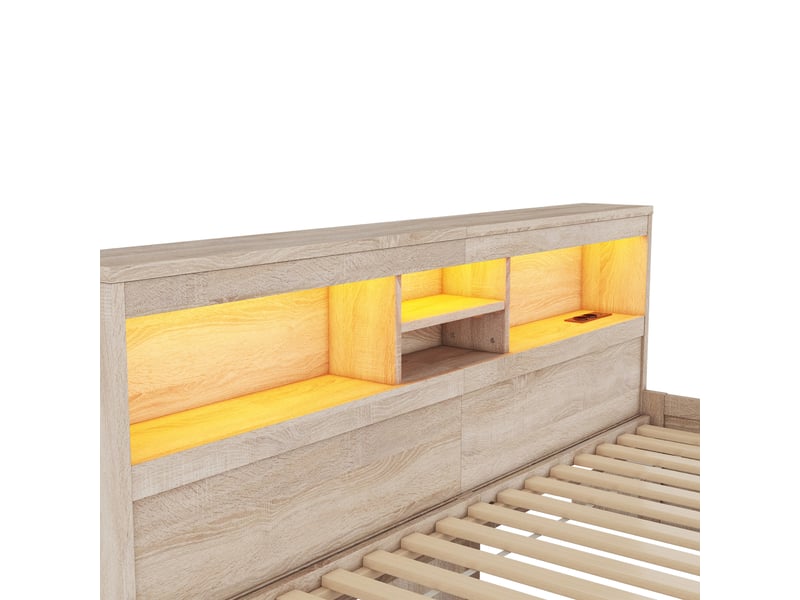  Lit banquette 90x200 avec tiroirs, éclairage led et prises usb, bois naturel  - Conforama E