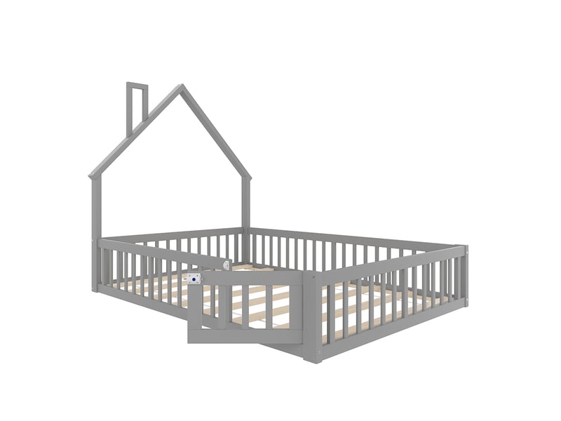 Lit cabane enfant 140 x 190 cm - lit avec sommier à lattes - bois massif - garde-corps sécurité - design cheminée - gris - Conforama D