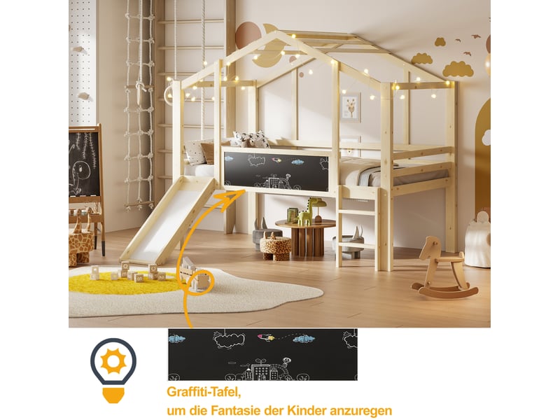  Lit mezzanine enfant 90 x 200 cm avec toboggan, échelle, tableau et toit bois naturel  - Conforama D