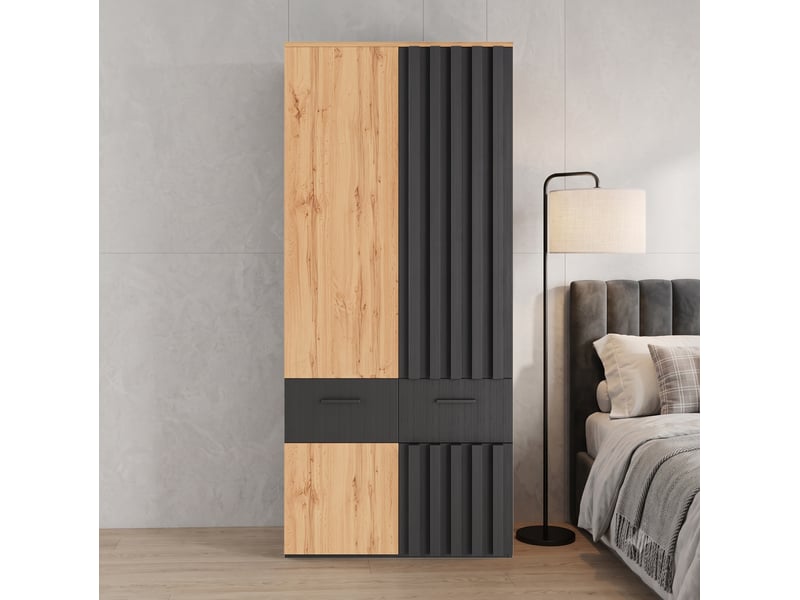  Armoire tcqpz 90 x 50 x 200 cm avec penderie 2 tiroirs et 2 compartiments mdf noir et bois naturel  - Conforama D
