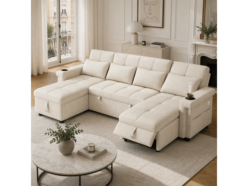 Canapé d’angle u convertible 4 places 268,5x141,5x90 cm, 2 méridiennes coffre, led, usb type-c, dossier réglable, gobelet, poche, chenille, beige  - Conforama B